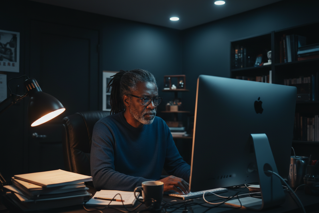 70 year old black man with dreads sitting in front of a computer with no natural light