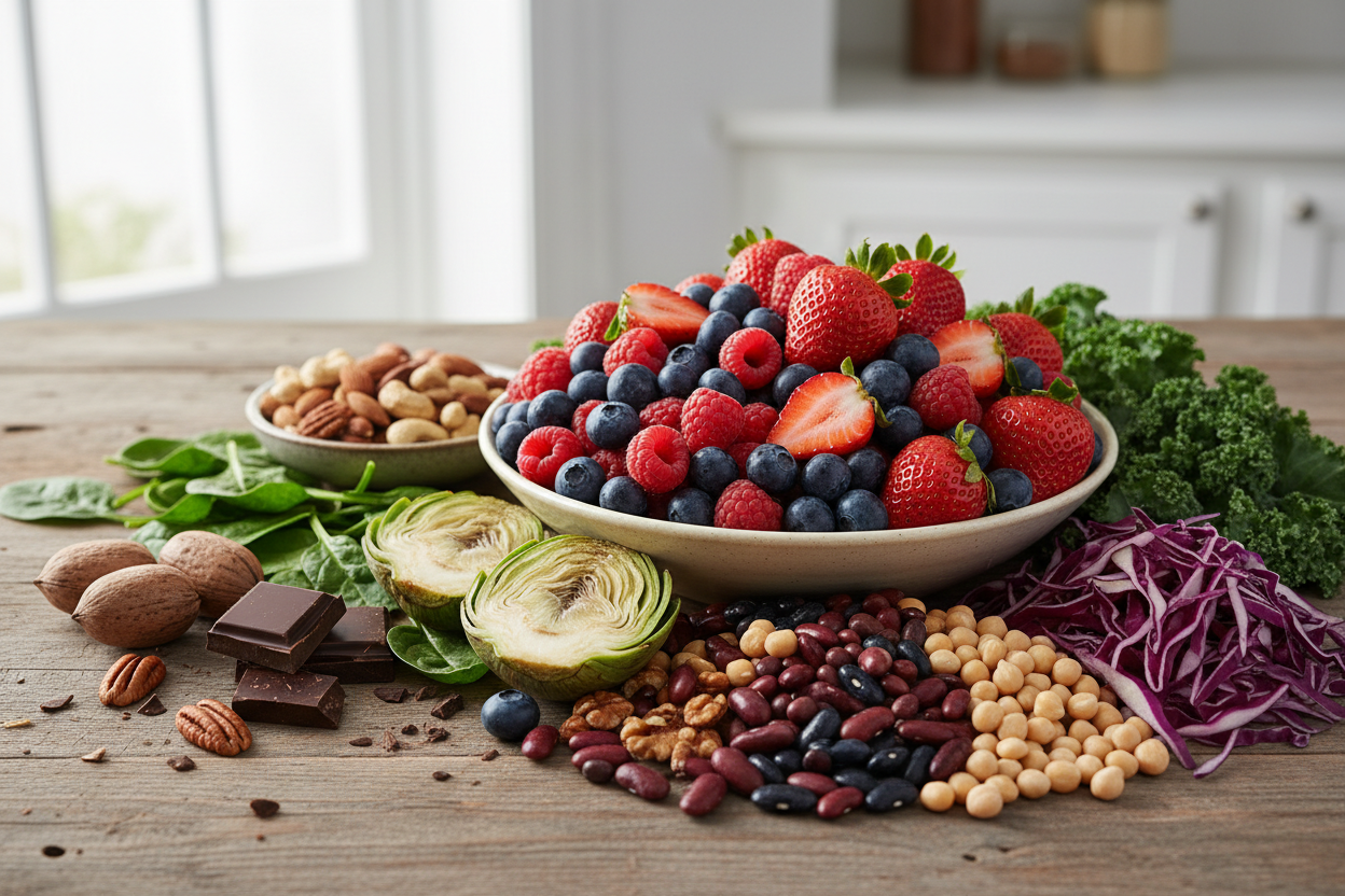 berries, dark chocolate, leafy greens like spinach and kale, nuts such as pecans, and various vegetables like artichokes, beans, and red cabbage. No words, just images