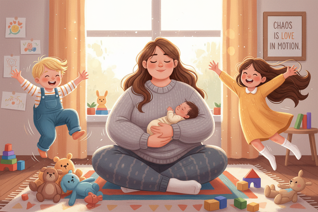 exhausted chubby mom with long brown hair surrounded by three crazy children jumping up and down. One child is age 5 with long brown hair, one is age 2 with blond hair, one is new born with dark hair.
