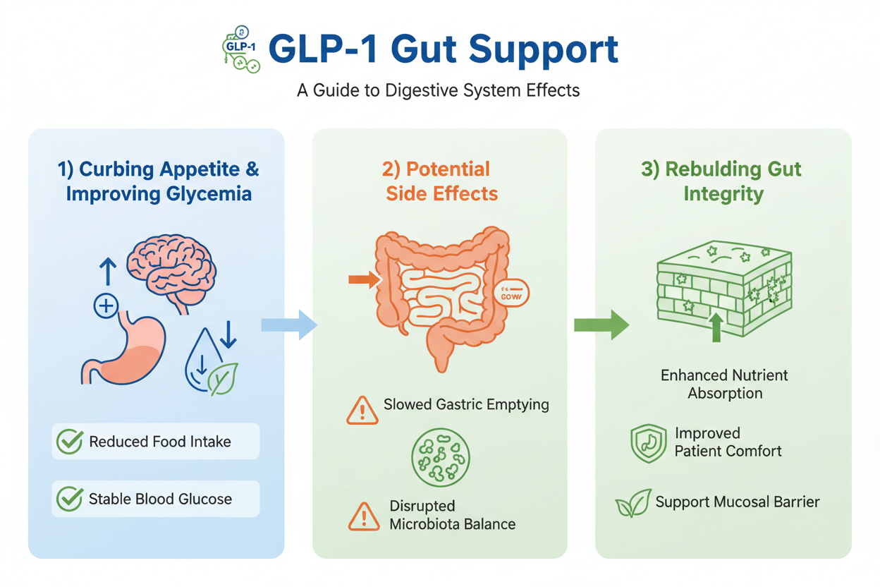 GLP-1 Gut Support Chart: GLP-1 agonists curb appetite and improve glycemia but often slow motility and disrupt microbiota balance. Rebuilding gut integrity preserves nutrient absorption and patient comfort.