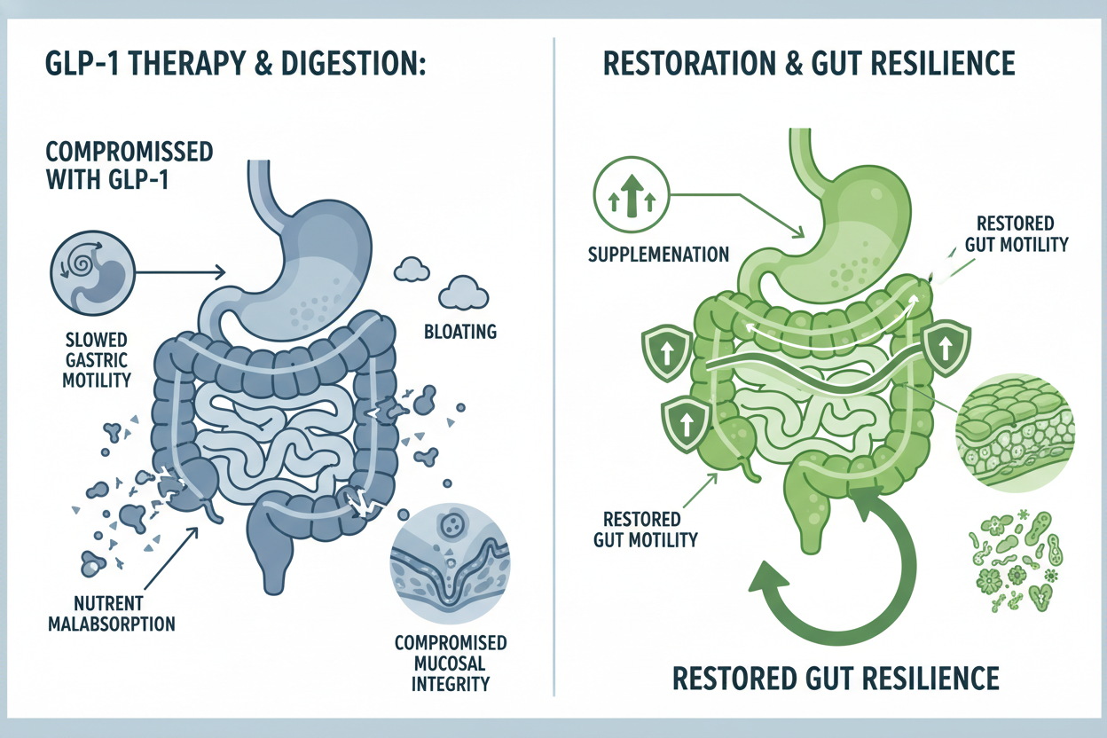 GLP-1 slows digestion: Prolonged GLP-1 therapy can slow gastric motility and erode mucosal integrity, leading to bloating and nutrient malabsorption. Restoring gut resilience is critical for maintaining tolerability and long-term metabolic benefit. Supplementation is key for aiding digestion chart.