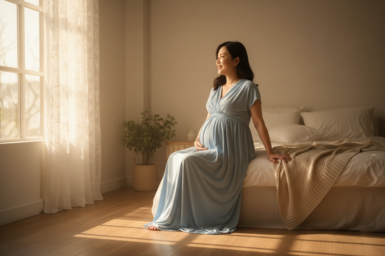 pregnant Asian woman age 45 sitting on edge of bed with sun coming through the window