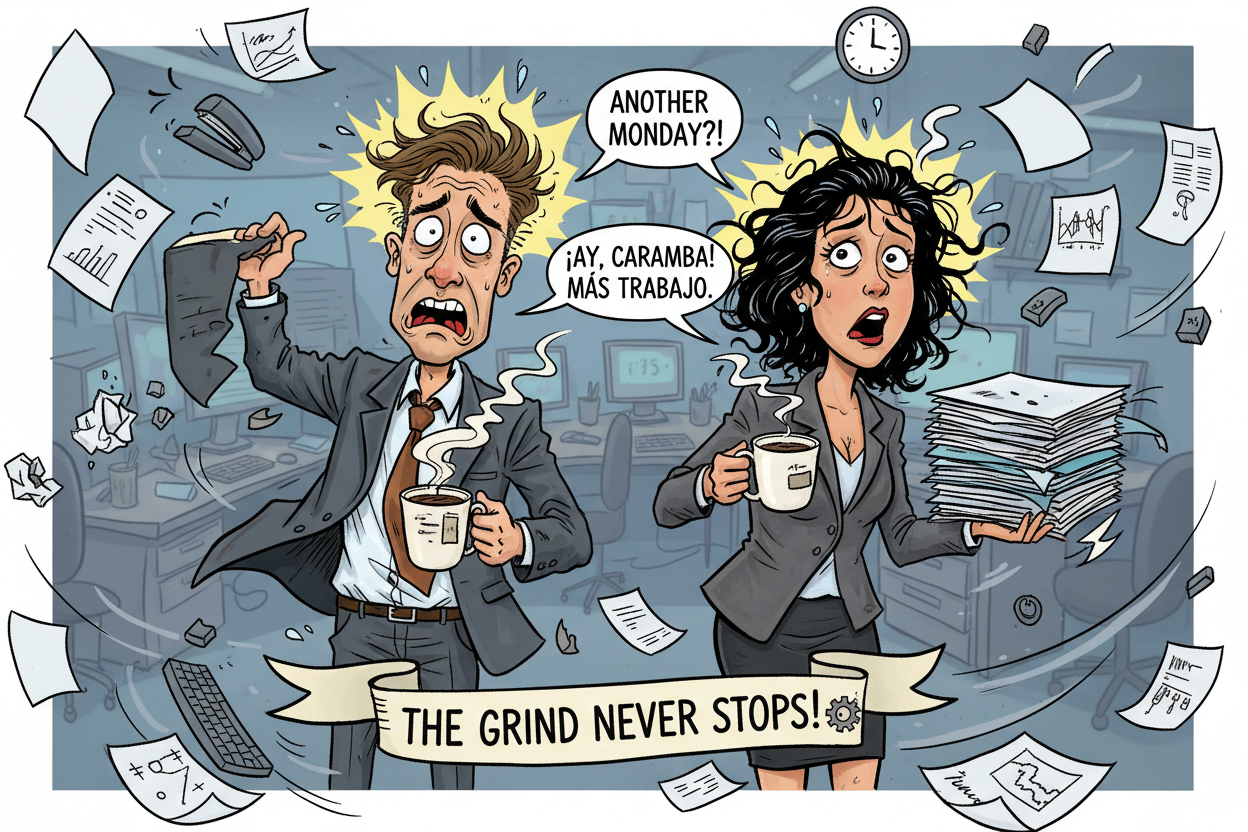 satire image of a white man and Mexican woman in suits with frazzled nerves