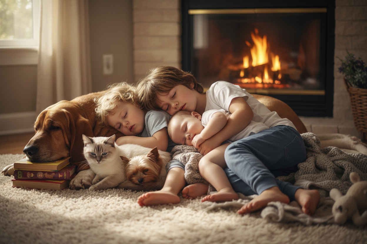 3 children ages 5, 2, and 1 snuggled up asleep with blood hound, a Yorkshire terrier, and a Siamese cat