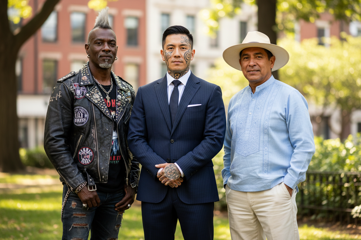 65 year old punk rock black man, Asian man in suit with face tats age 40, Mexican man in slacks, a guyabera shirt, and Panama hat