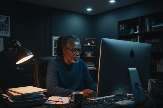 70 year old black man with dreads sitting in front of a computer with no natural light