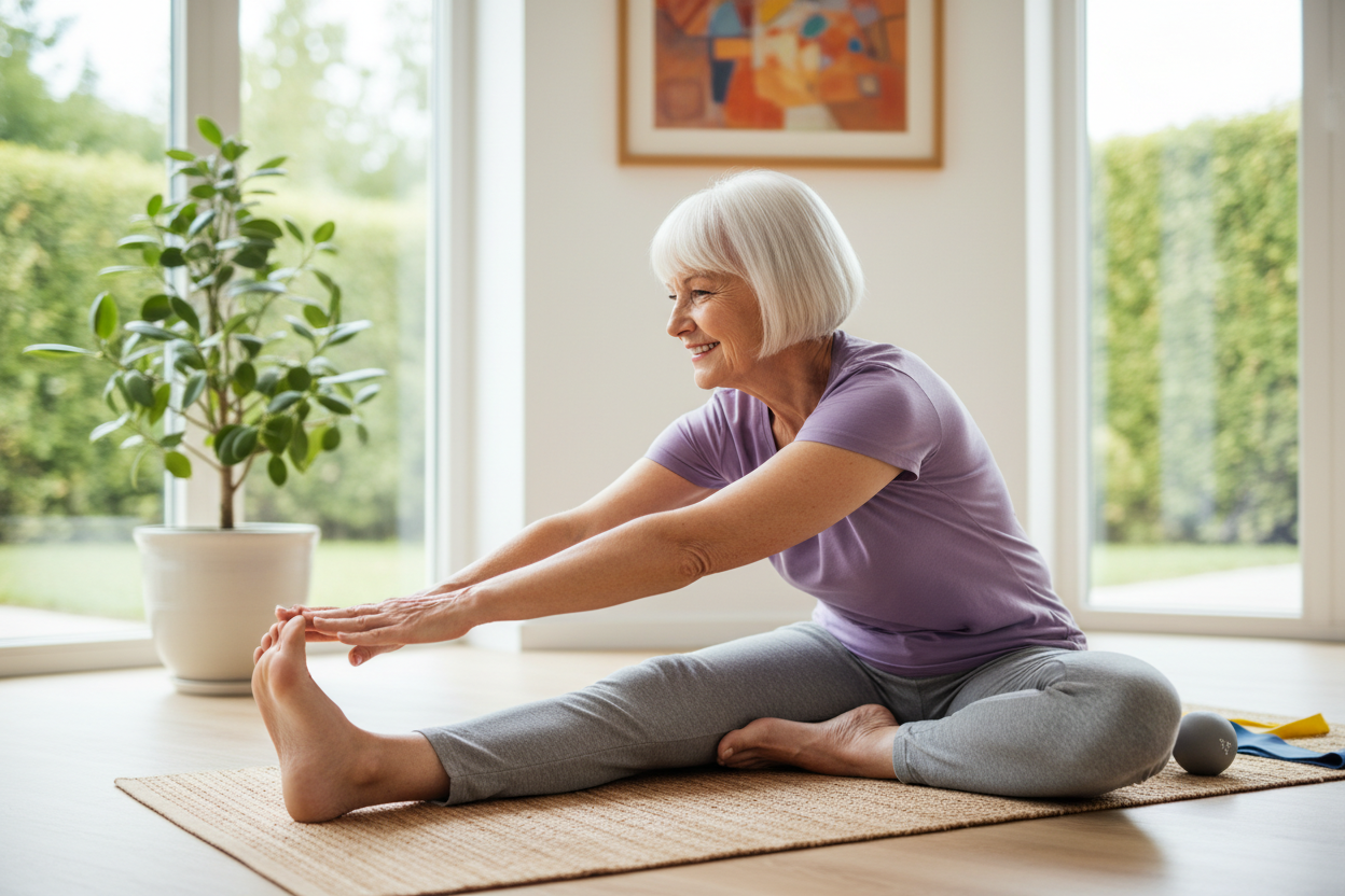 95 year old white woman with blond bob stretching