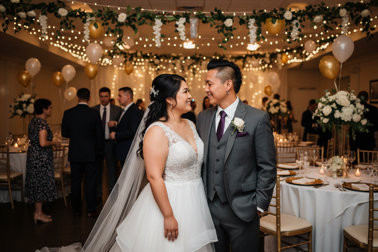 Asian man and woman pre wedding in their wedding outfits. Woman is overweight, man has a mohawk and piercings. party is getting ready to start