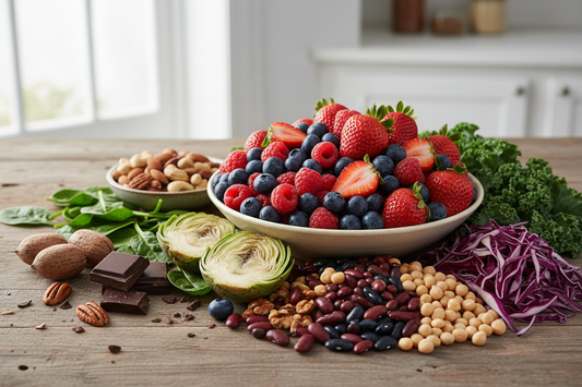 berries, dark chocolate, leafy greens like spinach and kale, nuts such as pecans, and various vegetables like artichokes, beans, and red cabbage. No words, just images