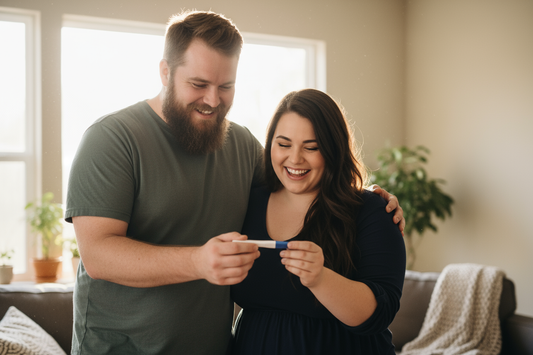 big and tall white man with a brown beard and chubby white girl with long dark hair with positive pregnancy test