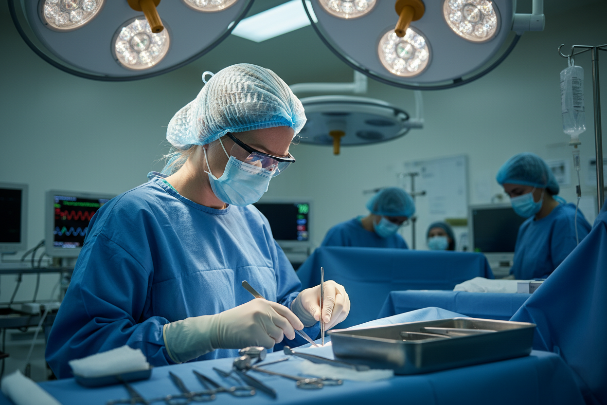 blonde female Surgeon very focused on a surgery