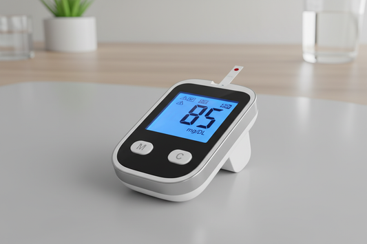 blood glucose meter showing a reading of 85