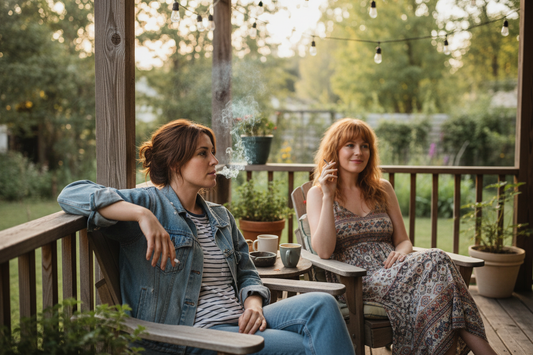brown haired white woman and strawberry blond white woman smoking cigarettes on a porch