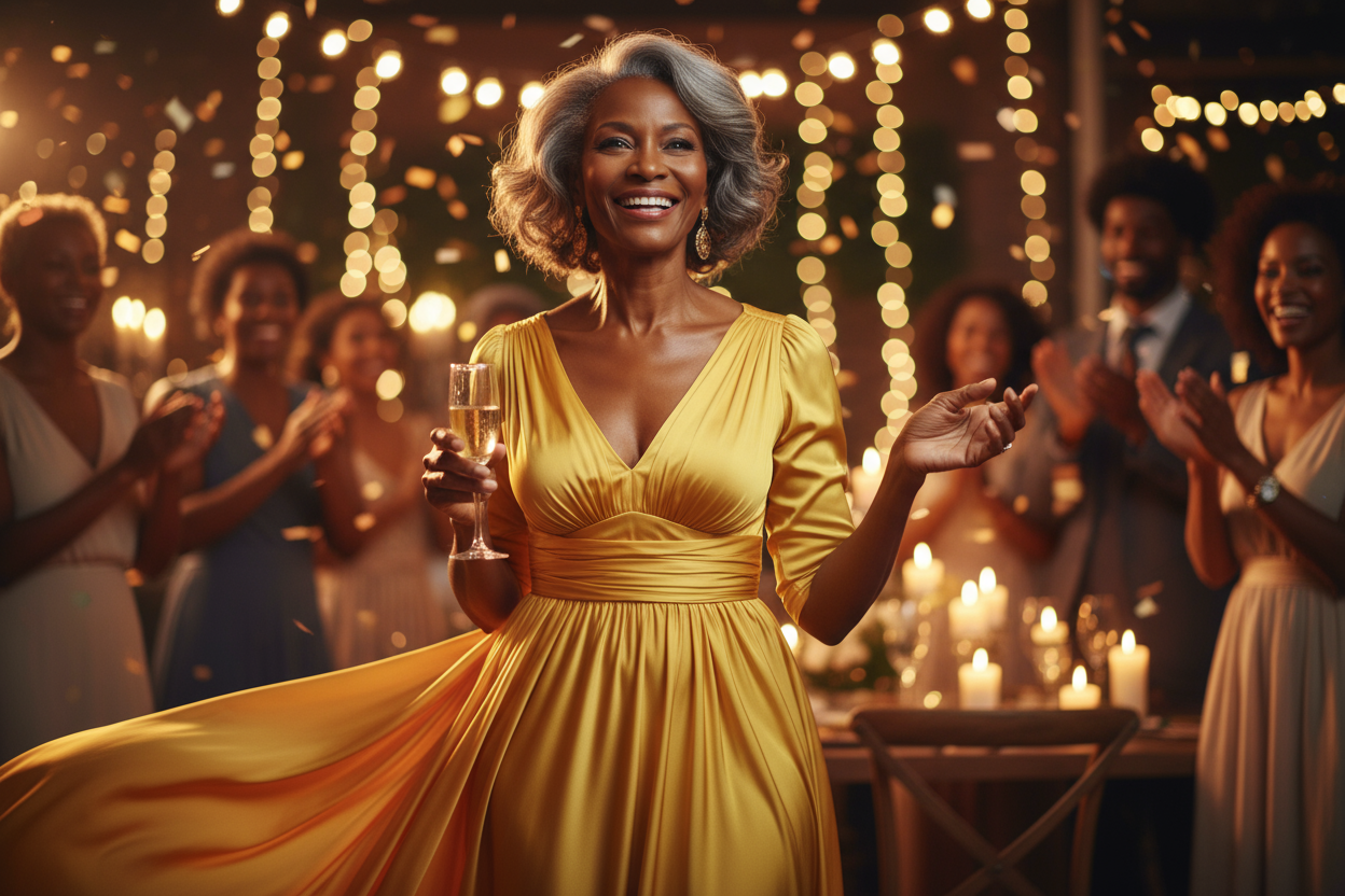 Dark black woman in her 60s with clear skin in yellow dress at a party glowing