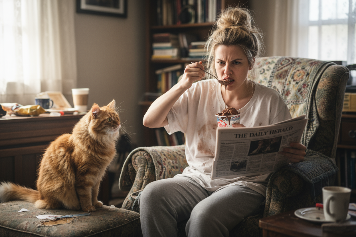 disheveled bitchy woman with hair in sloppy bun on her head, reading the paper and eating ice cream. Cat looking at her funny