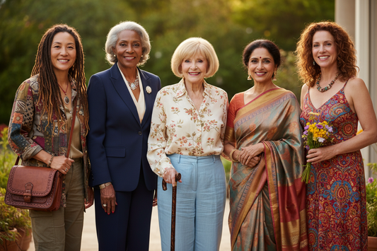 eclectic Asian woman with dreads age 50, black woman in a suit age 75, elderly white woman age 100 in a flowy blouse and slacks with blond hair in a bob, 39 year old INdian woman in Indian clothes, 45 year old Hispanic woman in a dress. All look healthy and happy