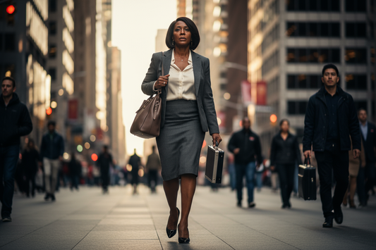 exhausted black woman in her 50s in heels and skirt suit, hustling