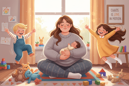 exhausted chubby mom with long brown hair surrounded by three crazy children jumping up and down. One child is age 5 with long brown hair, one is age 2 with blond hair, one is new born with dark hair. 