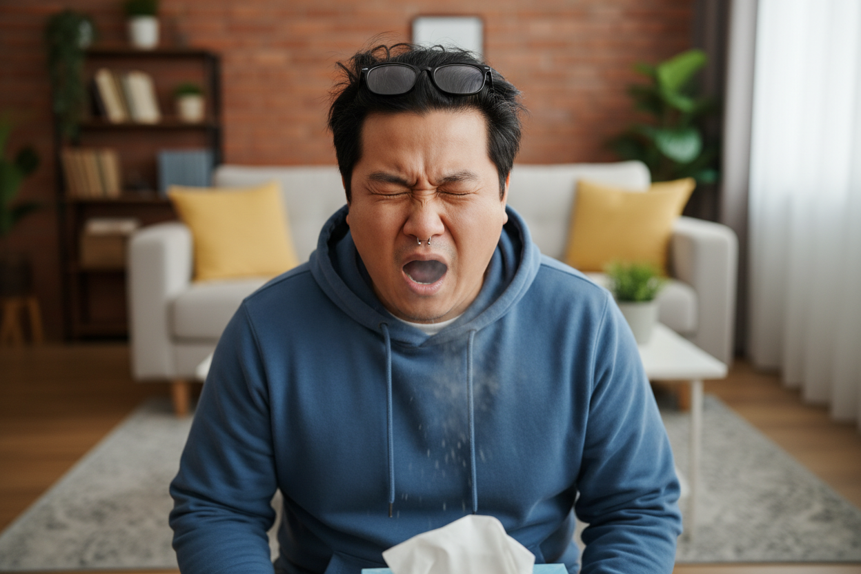 Fat Asian man with nose piercing sneezing