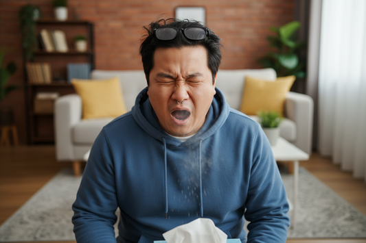 Fat Asian man with nose piercing sneezing