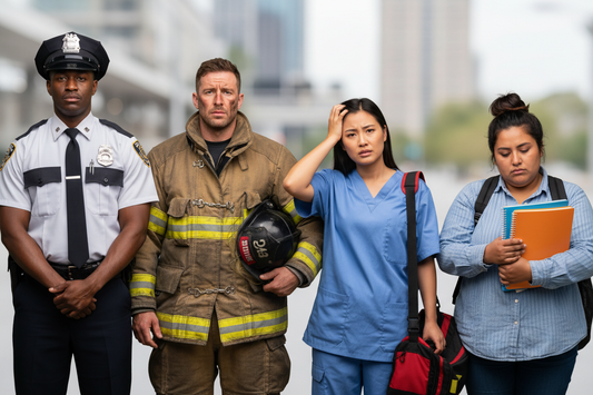 frazzled black man in police uniform, frazzled white fireman, frazzled Asian Paramedic woman, frazzled school teacher Mexican fat woman