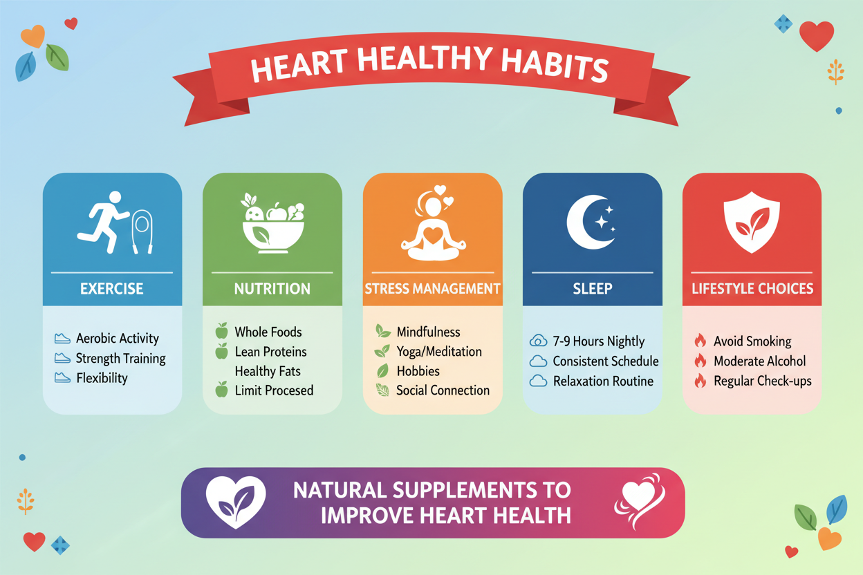 heart healthy habits chart including the specific words: natural supplements to improve heart health. Do not list the supplements. Colorful chart