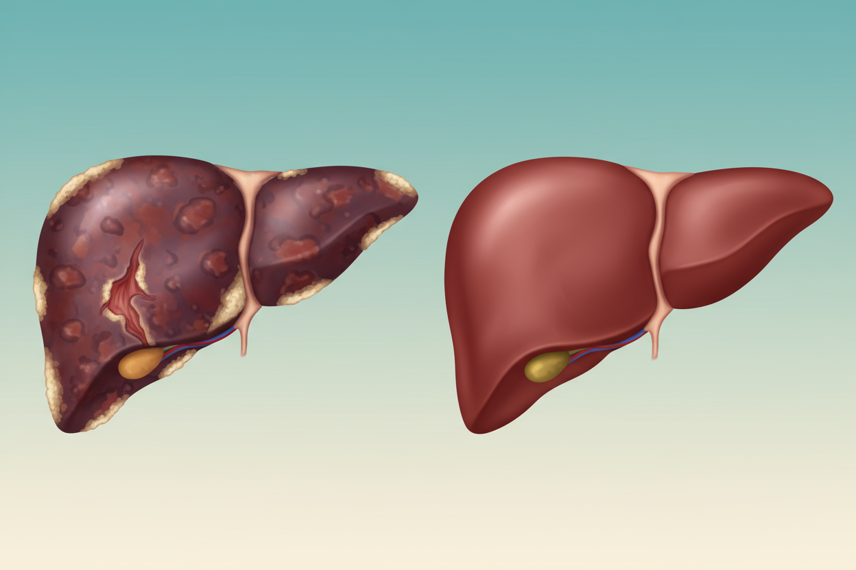 image of a toxic liver and a healthy liver. Do not use words. create a background color