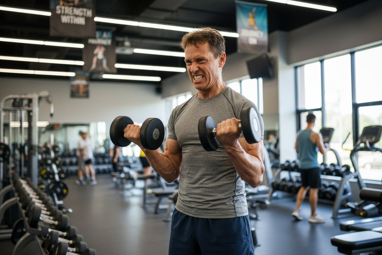image of someone who has lost a lot of weight and has slight loose skin, working out with weights to keep muscles strong