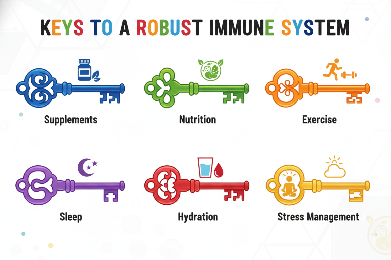 keys to a healthy immune system including the use of the word supplements. Represented as keys in a chart. colorful