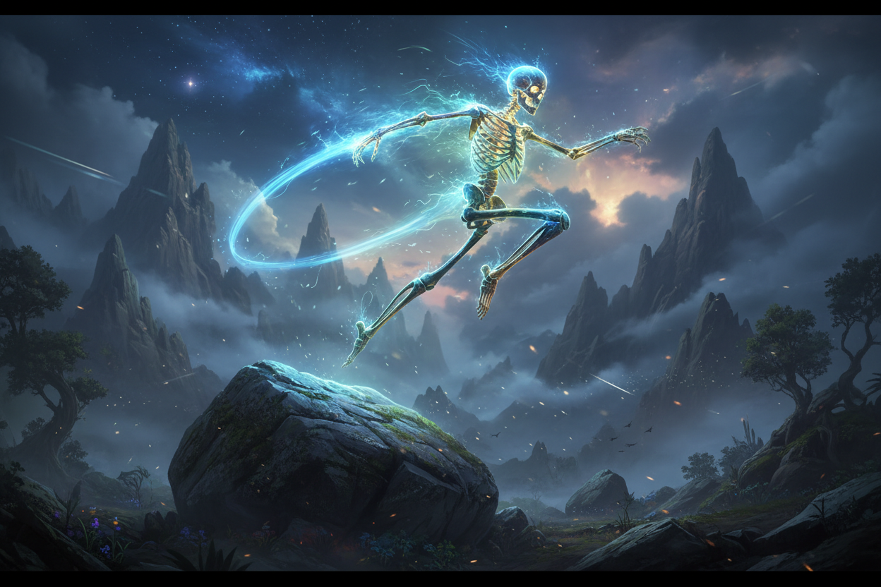 magical glowy strong Skeleton leaping over a boulder in mystical mountains