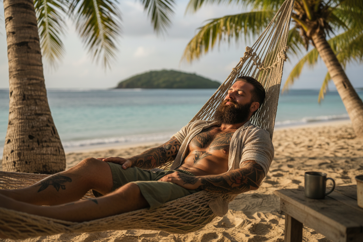 Mellow mood tattooed man with a beard in a hammock