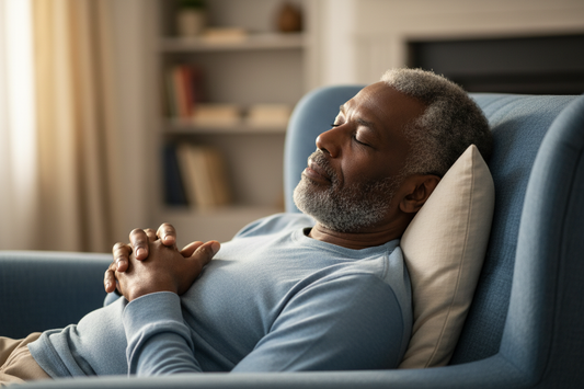 old black man with gray hair snoozing