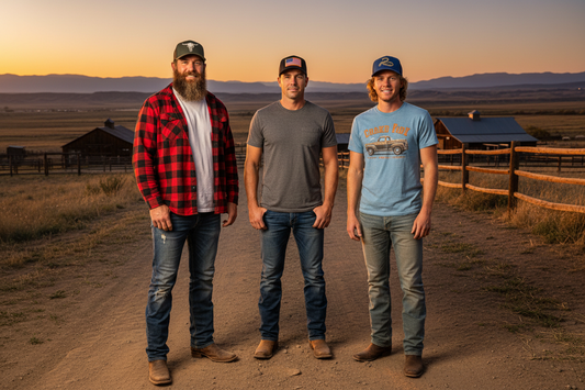 one tall man with beard, two average height men, one with dark brown hair, one with blond hair, all with different faces, all wearing cowboy boots, jeans, and baseball hats. Two in t shirts, one in a flanel