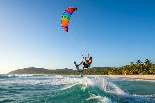 physically fit kite surfer catching air on gorgeous beach