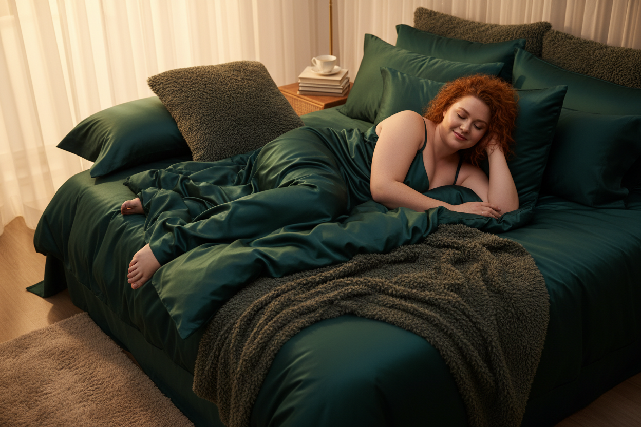 red head woman overweight gorgeous snuggled up in huge bed with green bedding
