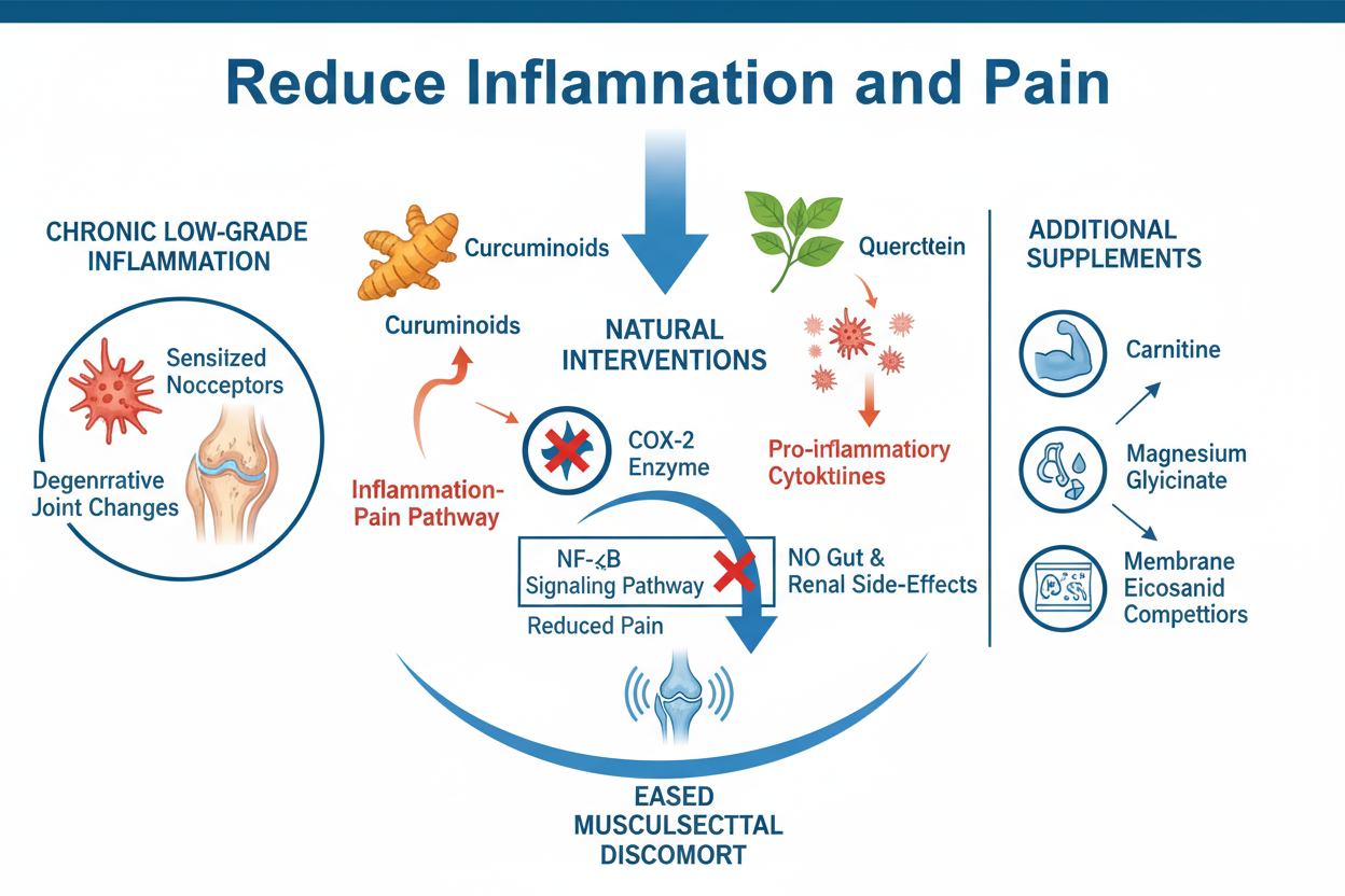 Reduce Inflammation and Pain Chart: Chronic low-grade inflammation sensitizes nociceptors and accelerates degenerative joint changes. Damping NF-κB signaling reduces pain while sparing gut and renal side-effects common to NSAIDs. Turmeric curcuminoids and quercetin directly inhibit COX-2 and down-regulate pro-inflammatory cytokines. Carnitine, magnesium glycinate, and marine omega-3s supply mitochondrial fuel and membrane eicosanoid competitors, further easing musculoskeletal discomfort.