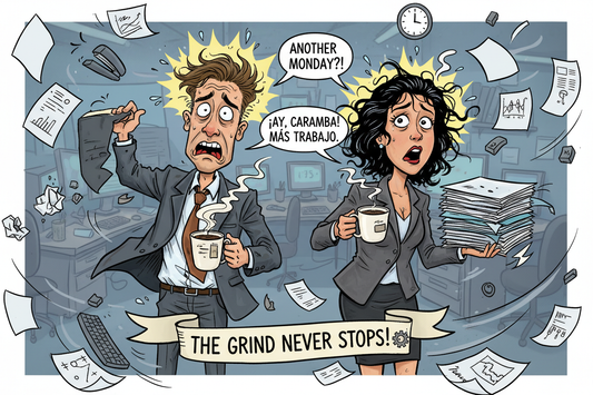 satire image of a white man and Mexican woman in suits with frazzled nerves