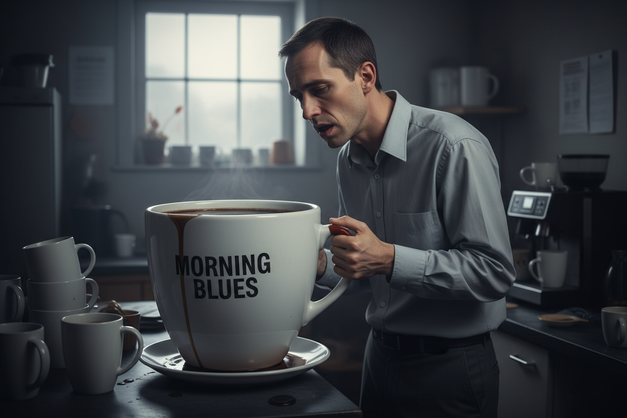 skinny short man with giant coffee looking depleted