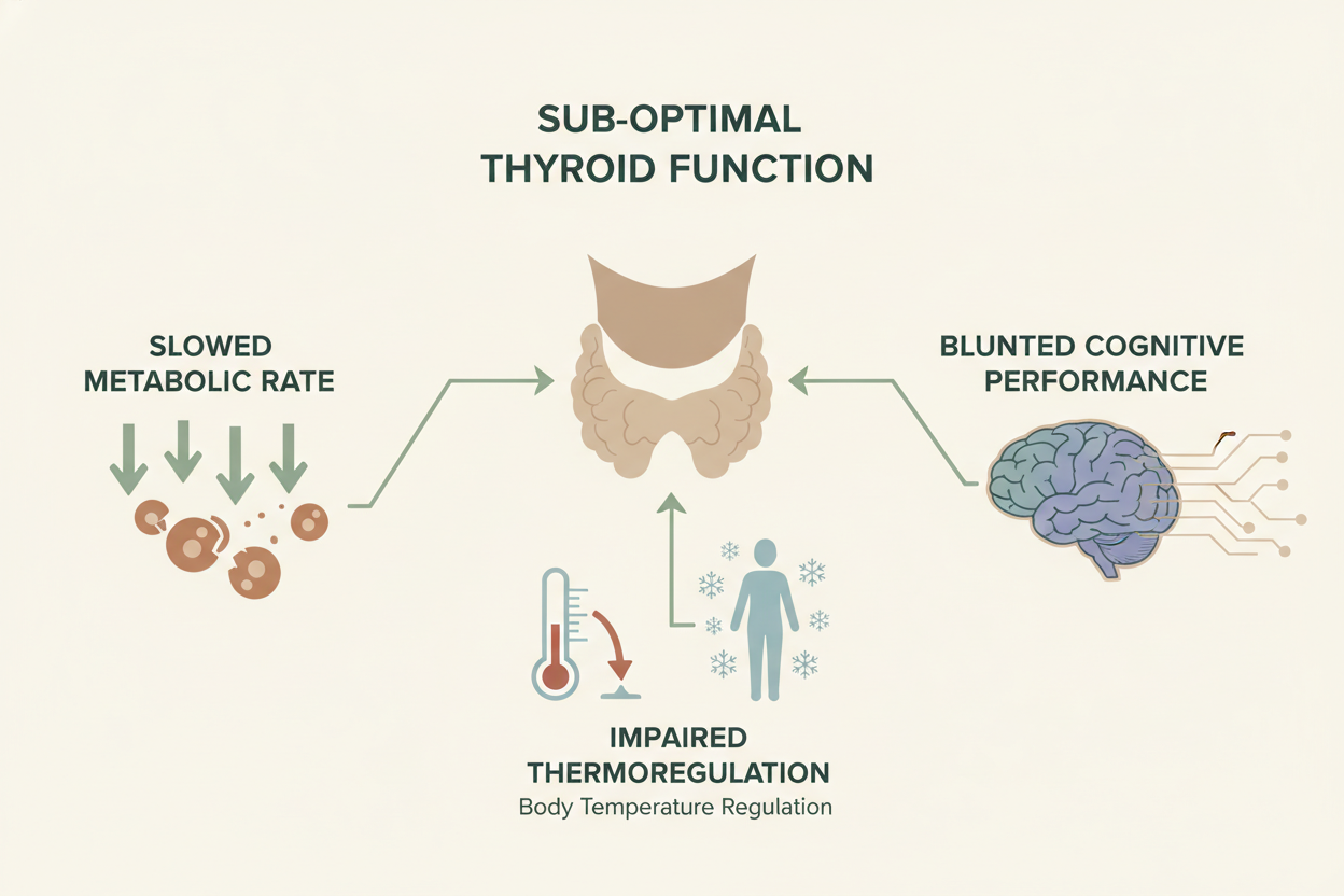 Sub-optimal thyroid output slows metabolic rate, impairs thermoregulation, and blunts cognitive performance.