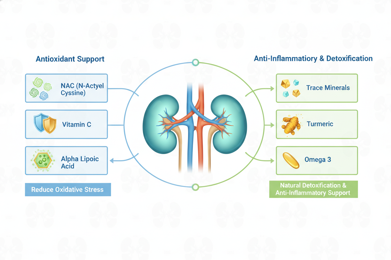 Support kidney/s health chart  with ingredients: NAC, Vitamin C, and Alpha Lipoic Acid, which provide potent antioxidant support to reduce oxidative stress. Additionally, Trace Minerals, Turmeric, and Omega 3 work synergistically to promote anti-inflammatory effects and aid in the natural detoxification processes of the kidneys.
