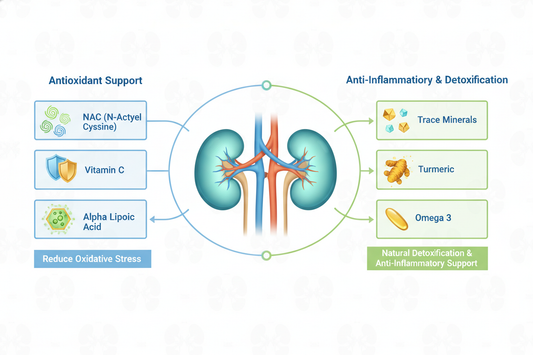 Support kidney/s health chart  with ingredients: NAC, Vitamin C, and Alpha Lipoic Acid, which provide potent antioxidant support to reduce oxidative stress. Additionally, Trace Minerals, Turmeric, and Omega 3 work synergistically to promote anti-inflammatory effects and aid in the natural detoxification processes of the kidneys.