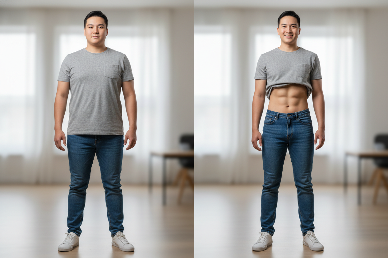 The benefits of Fasting. Do not use words but show an overweight person transformed into a thin person