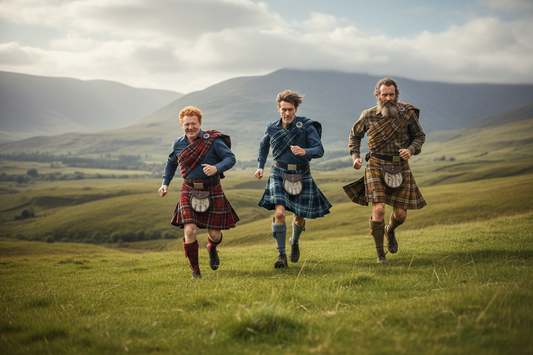 three elderly men running up a hill in Scotland wearing kilts, one with red hair, two with brown hair and one with a beard, all their faces are different
