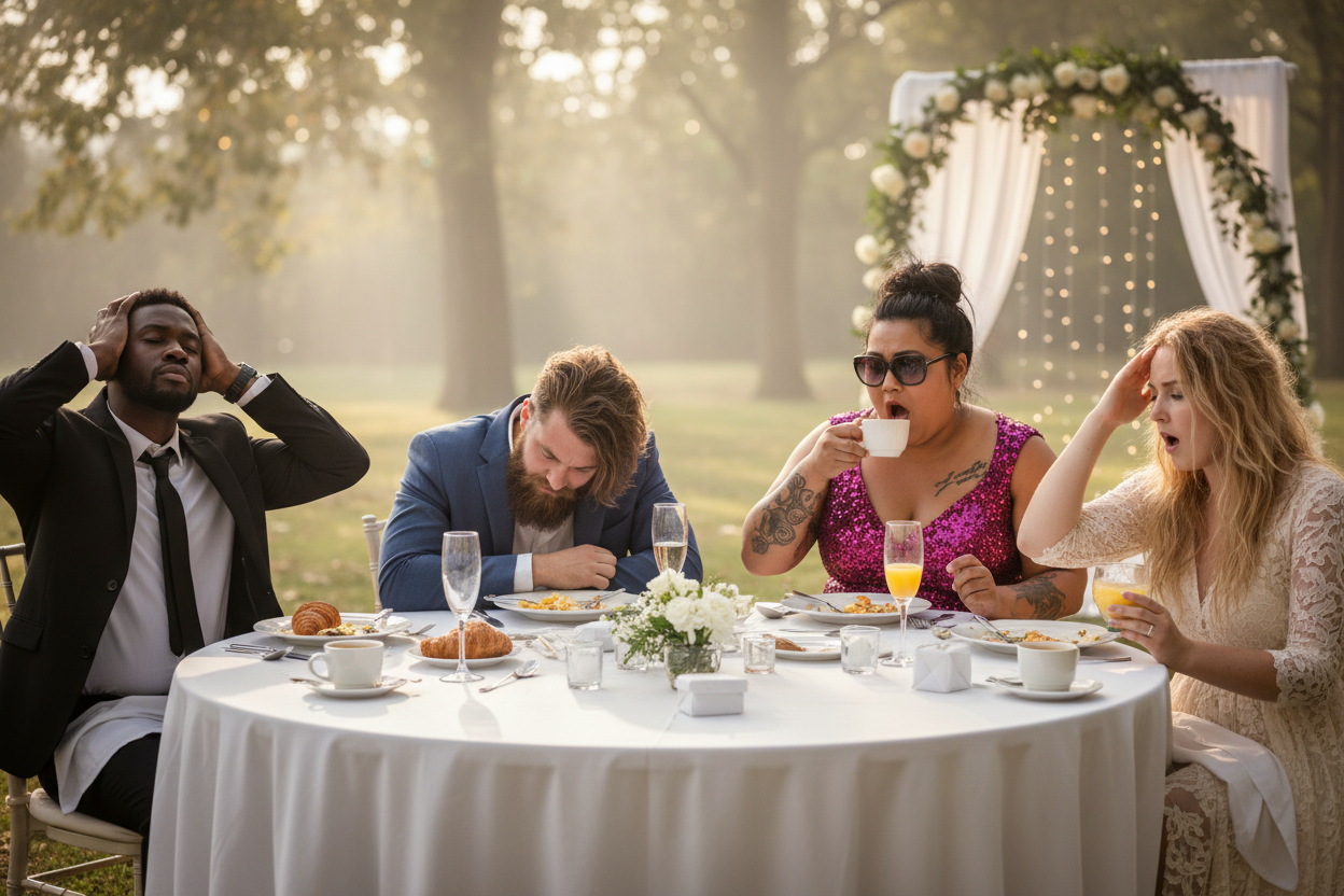three hungover men in suits, three hungover women in fancy short dresses at large outdoor wedding breakfast table. One black man, one Indian man, one white man with a beard, one asian woman with tatoos, one overweight black woman, one white woman with long blond hair