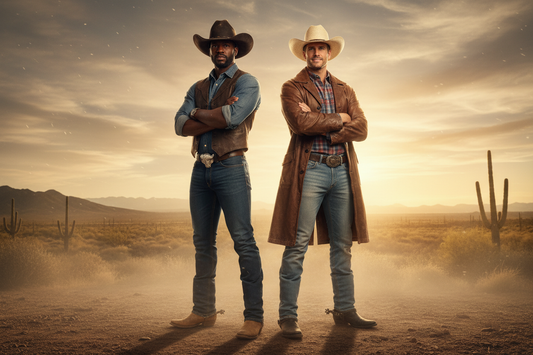 two tall sexy fit cowboys, one black, one white, both with cowboy hats