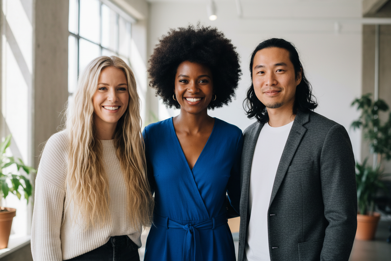 White woman with thick long blond hair, one black woman with gorgeous afro, one asian man with long black hair