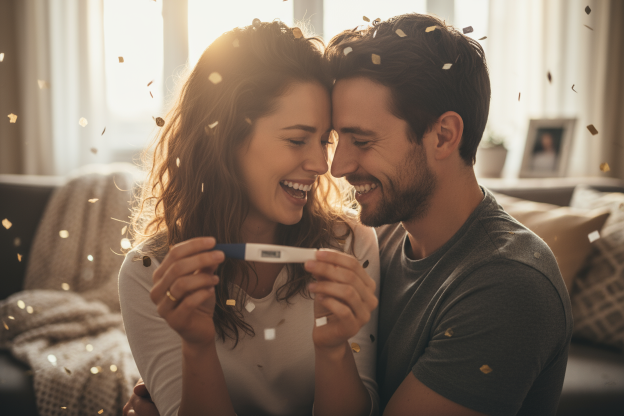 Woman and man happy with joy and positive pregnancy test