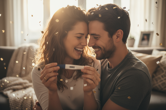 Woman and man happy with joy and positive pregnancy test